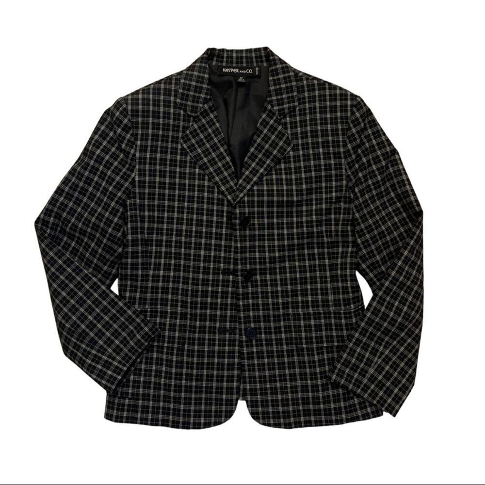 Vintage Kasper Black White Plaid Blazer Jacket Preppy Retro Academia